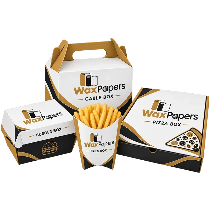 Custom food packaging boxes — gable, burger, fries and pizza